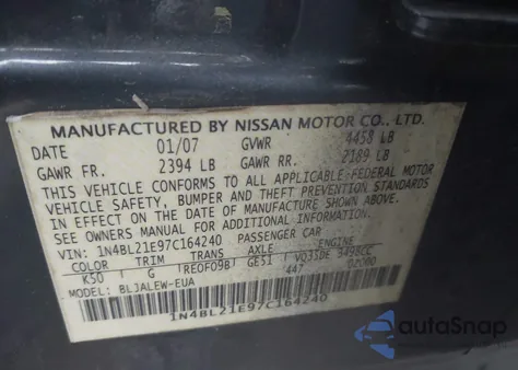 2007 Nissan Altima 3.5 Sl z USA, uszkodzony, nr VIN 1N4BL21E97C164240